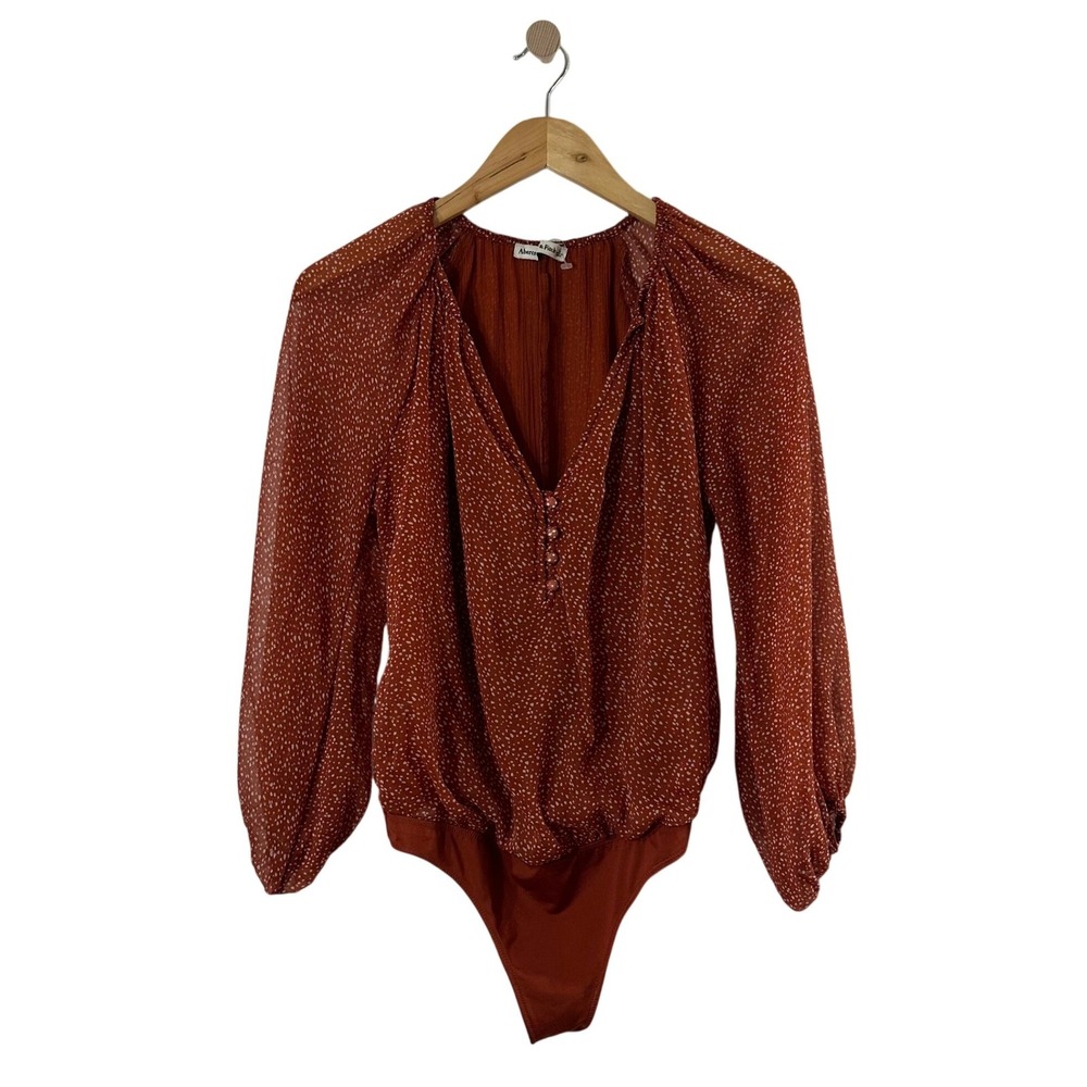 Abercrombie & Fitch Rust Orange Polka Dot Pleated V-Neck Long Sleeve Bodysuit S